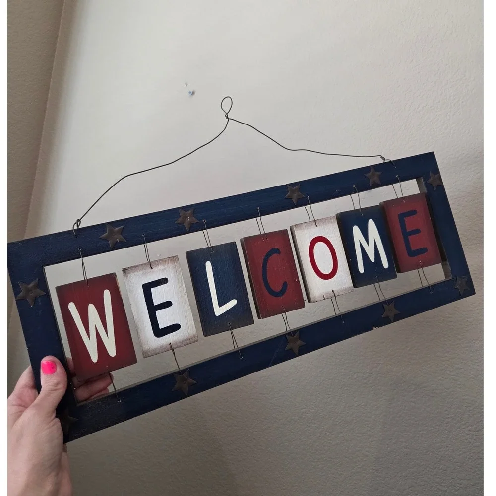 Rustic Americana Wood Welcome Sign Patriotic Red White Blue Star Wall Decor 20in